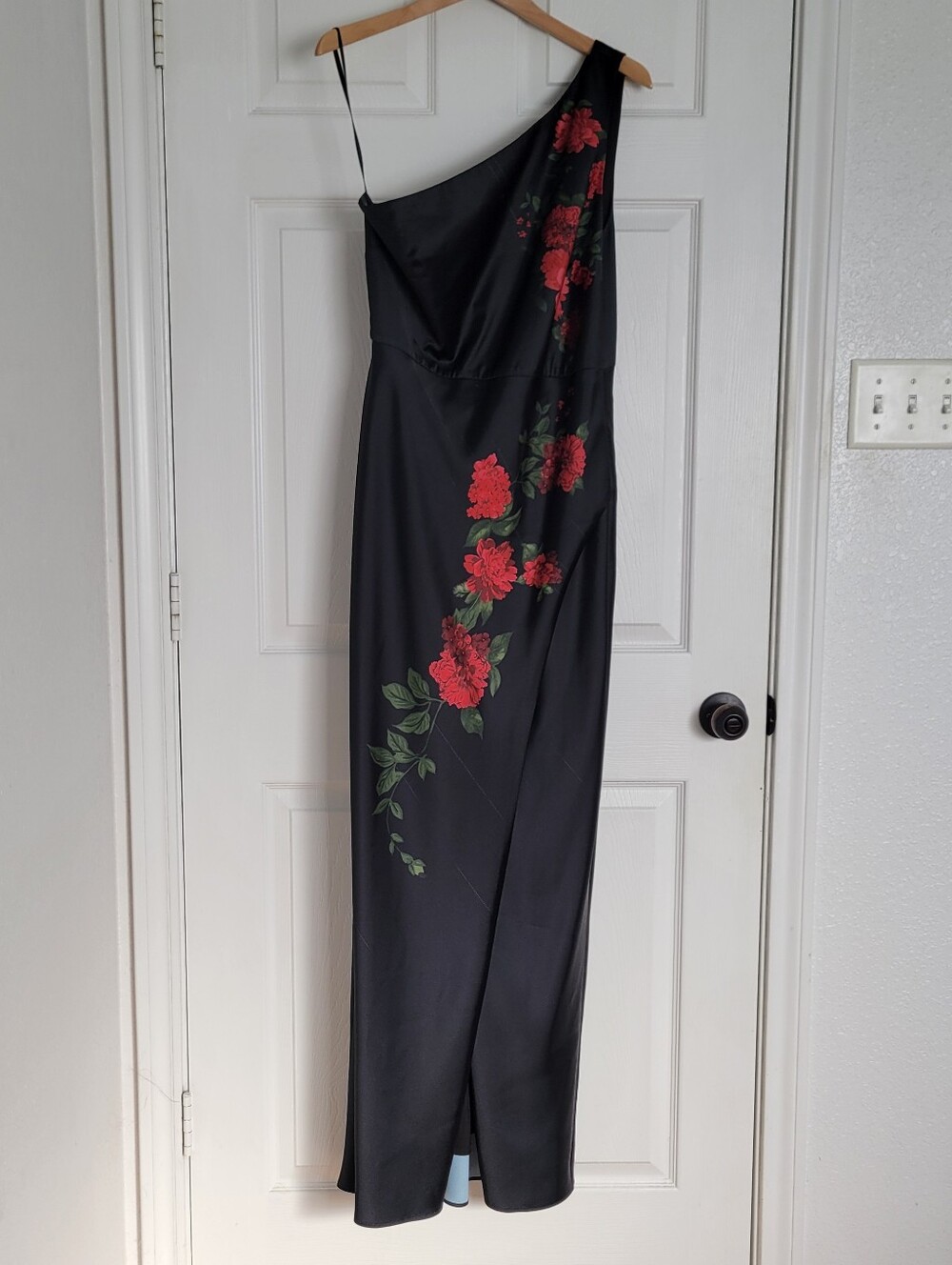 BHLDN Black Floral Dylan One-Shoulder Satin Maxi Dress With Side Slit
